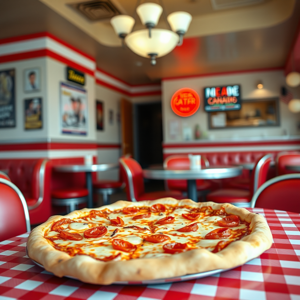 Delicious hot pizza with melted cheese and pepperoni toppings on a classic red and white checkered tablecloth in a retro 1950s Canadian diner setting
