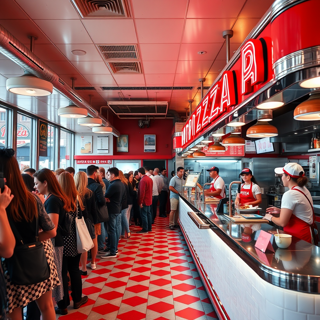 Bustling Pizzapizza restaurant interior on Queen Street West showing excited customers lined up at the retro-styled counter with red and white checkered floors, chrome fixtures, and neon pizza signs, staff in vintage uniforms serving fresh pizzas during the grand opening celebration