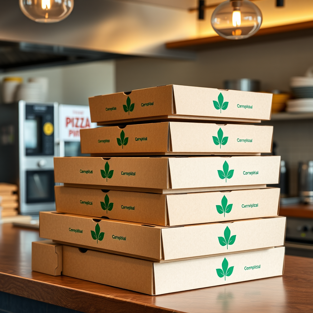 Pizzapizza eco-friendly packaging boxes stacked on a delivery counter, featuring recyclable cardboard pizza boxes with green leaf logos and sustainable packaging materials in a modern Canadian pizza restaurant kitchen