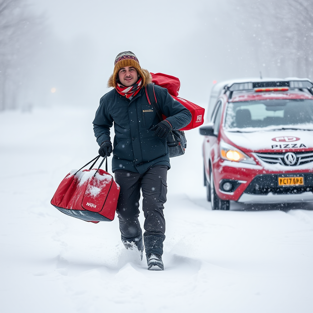 Pizzapizza delivery driver in winter gear walking through heavy snow carrying insulated pizza bags, with a red and white delivery car visible in the snowy background, Canadian winter storm scene