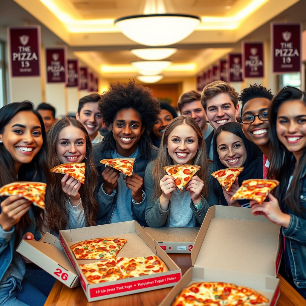 Happy university students celebrating with Pizzapizza boxes in a campus cafeteria, showing diverse group of young adults holding pizza slices with big smiles, university banners visible in background, warm lighting creating welcoming atmosphere