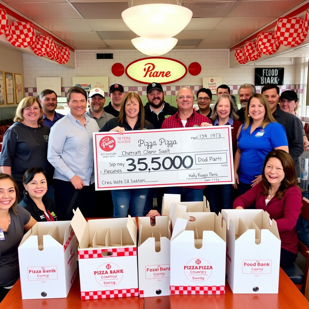 Pizzapizza staff and volunteers celebrating successful charity campaign with oversized check for $25,000, surrounded by food bank donation boxes and smiling customers in a retro diner setting with red and white checkered decorations