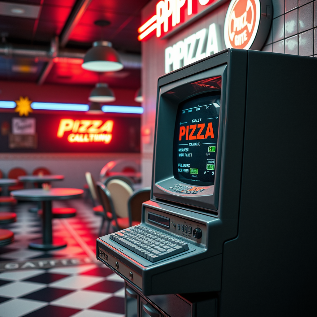 Retro computer terminal with pizza ordering interface, vintage 1950s style diner setting with checkered floor and neon lighting