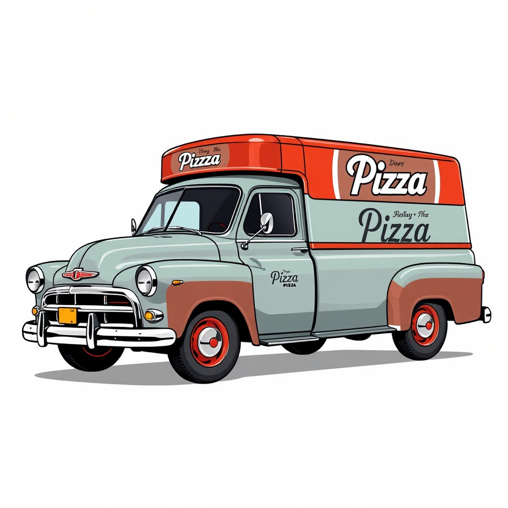 Retro 1950s style pizza delivery illustration showing a classic Canadian delivery truck with Pizza Pizza branding, chrome details, and vintage diner aesthetic