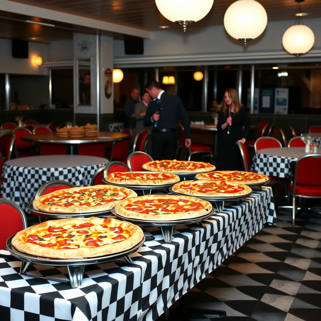 Vintage 1950s style pizza catering setup with checkered tablecloths, chrome serving trays, and multiple pizzas arranged for a large corporate event in a classic Canadian diner setting