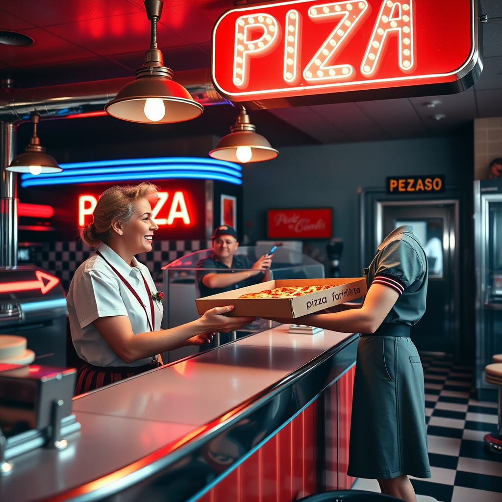 Retro 1950s style pizza pickup counter with chrome fixtures, checkered floor, and neon Pizza Pizza sign. Customer receiving hot pizza box from friendly staff member in vintage diner uniform.
