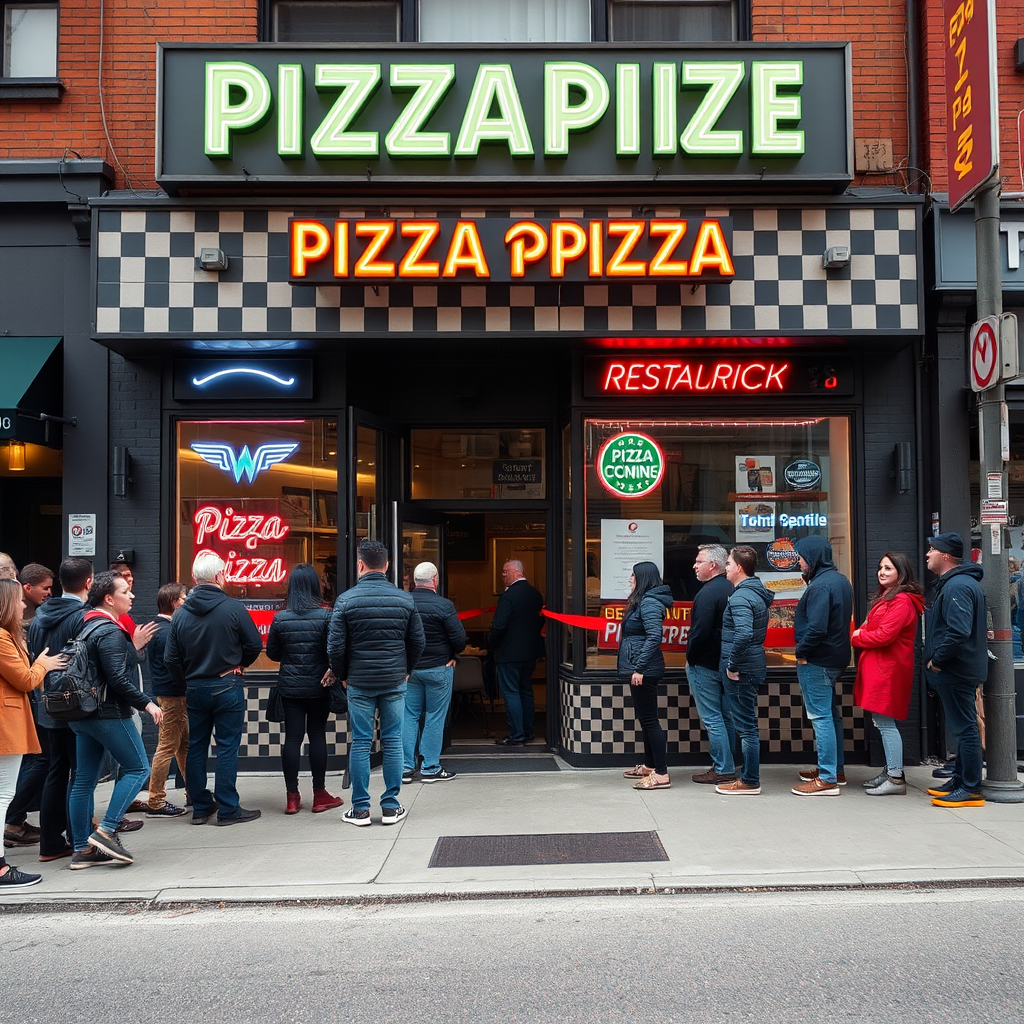 Bustling pizzapizza restaurant grand opening on Queen Street West Toronto with excited customers lined up outside the retro-styled storefront featuring neon signs and checkered patterns