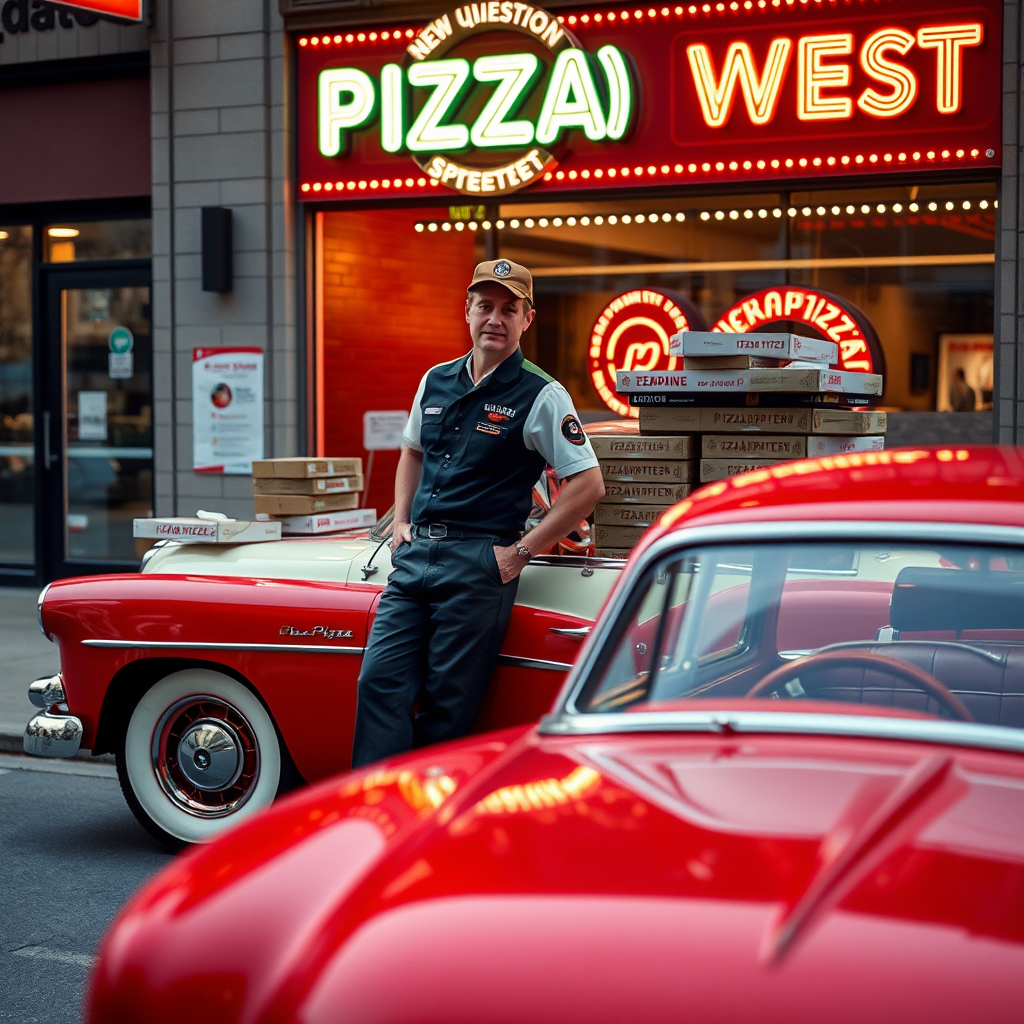 Pizzapizza delivery driver in vintage uniform standing next to classic red and white delivery car loaded with pizza boxes, parked outside the new Queen Street West location with retro neon signage glowing in the background