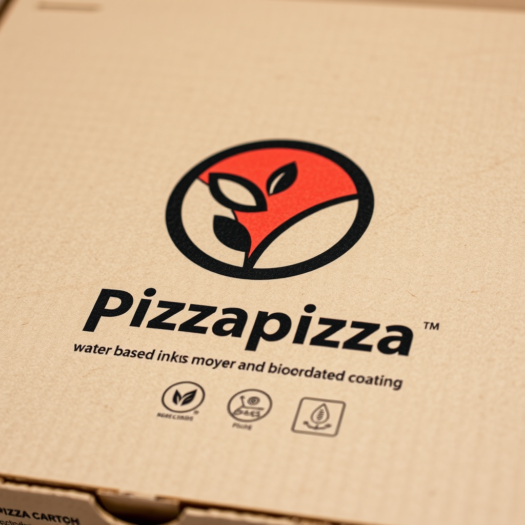 Close-up view of new recyclable pizza box made from sustainable cardboard with water-based inks and biodegradable coating, showing the Pizzapizza logo and environmental certification symbols