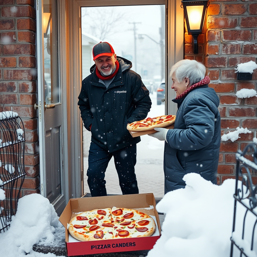 Pizzapizza delivery driver helping an elderly customer at their snow-covered doorstep, both smiling warmly as hot pizza is being delivered during a Canadian winter storm