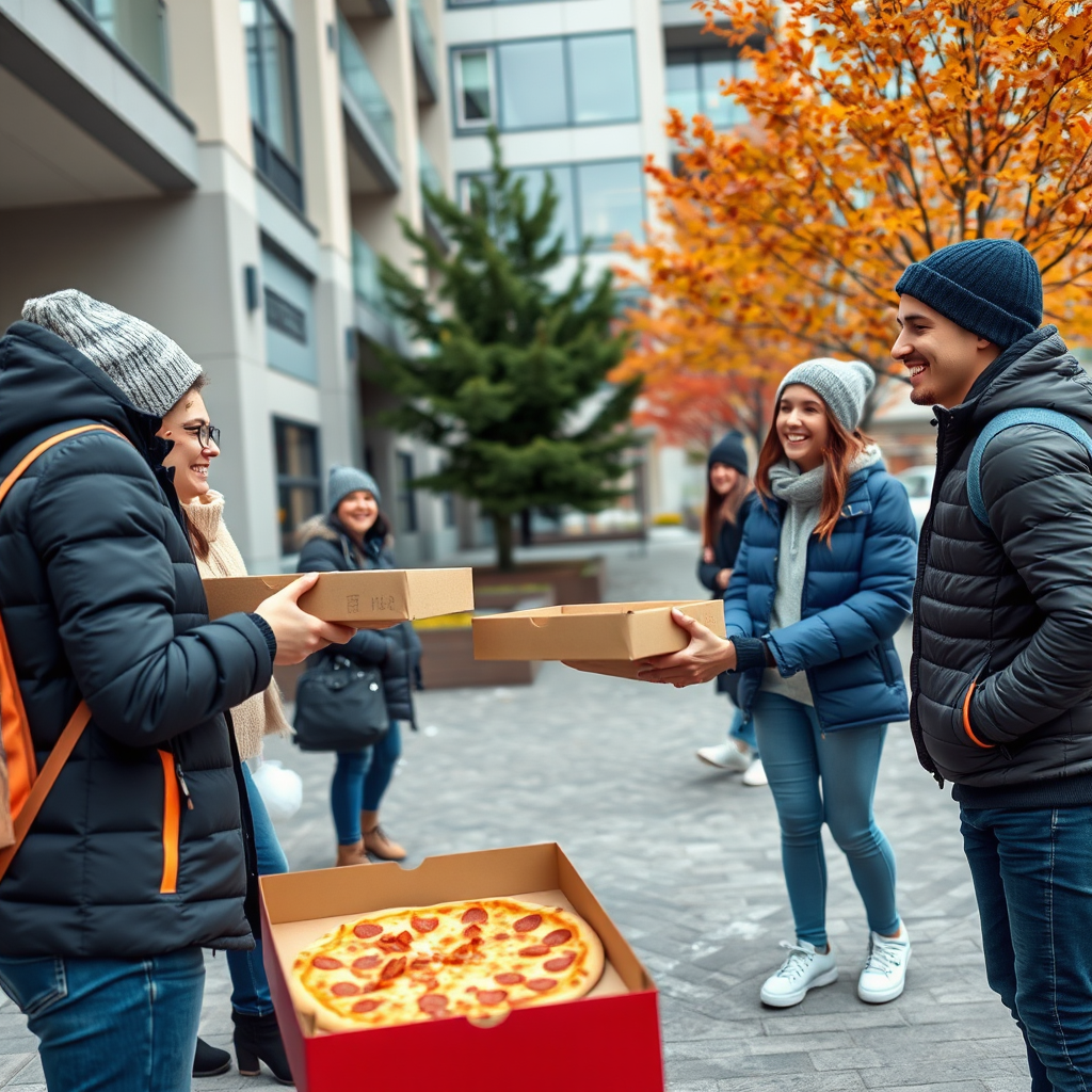 Pizzapizza delivery driver handing pizza boxes to smiling university students outside modern campus residence building, Canadian university campus setting with maple trees, students wearing casual winter clothing