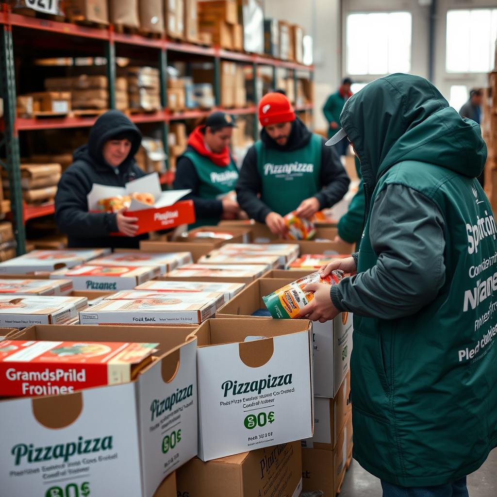 Food bank volunteers organizing donated items with Pizzapizza branded boxes visible, showing the direct impact of the charity campaign in a Canadian food bank warehouse setting