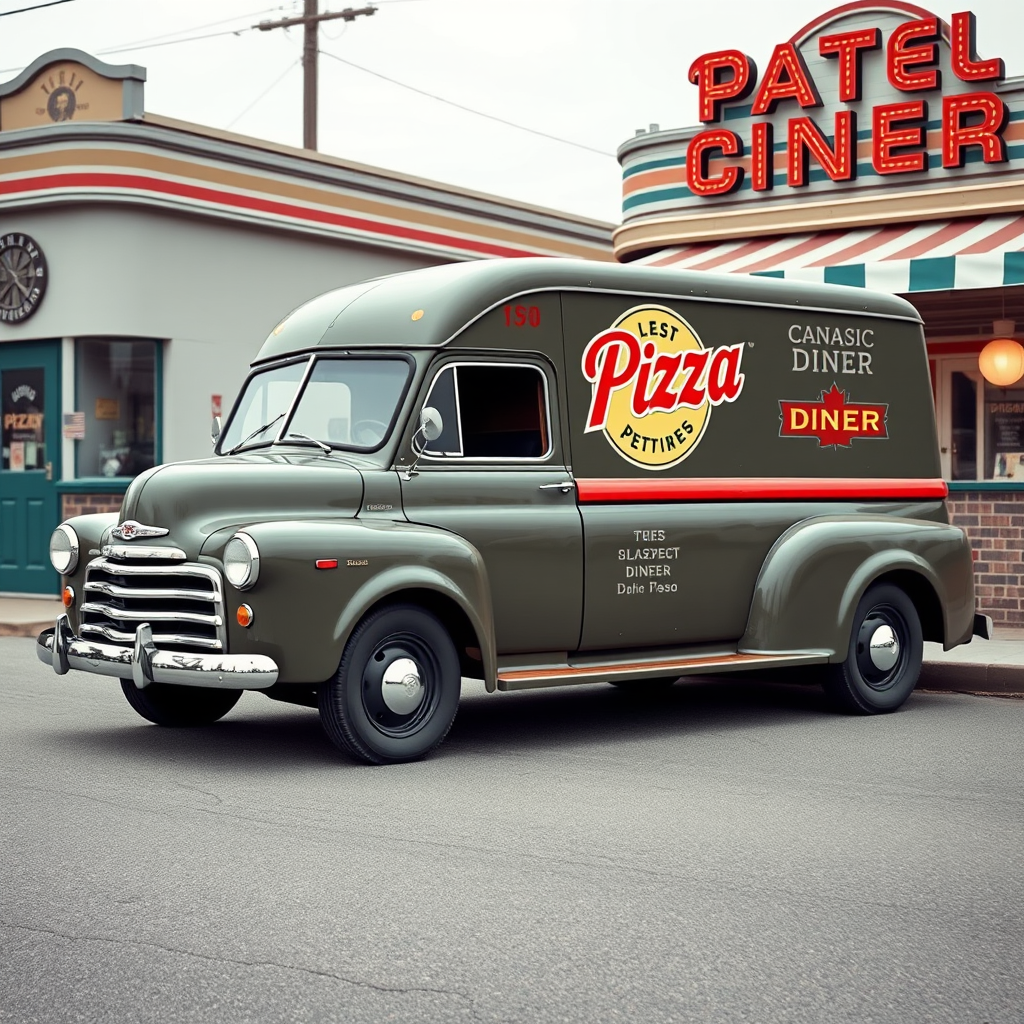 Vintage 1950s delivery truck with pizza logo, chrome details and retro Canadian diner styling, parked outside classic diner
