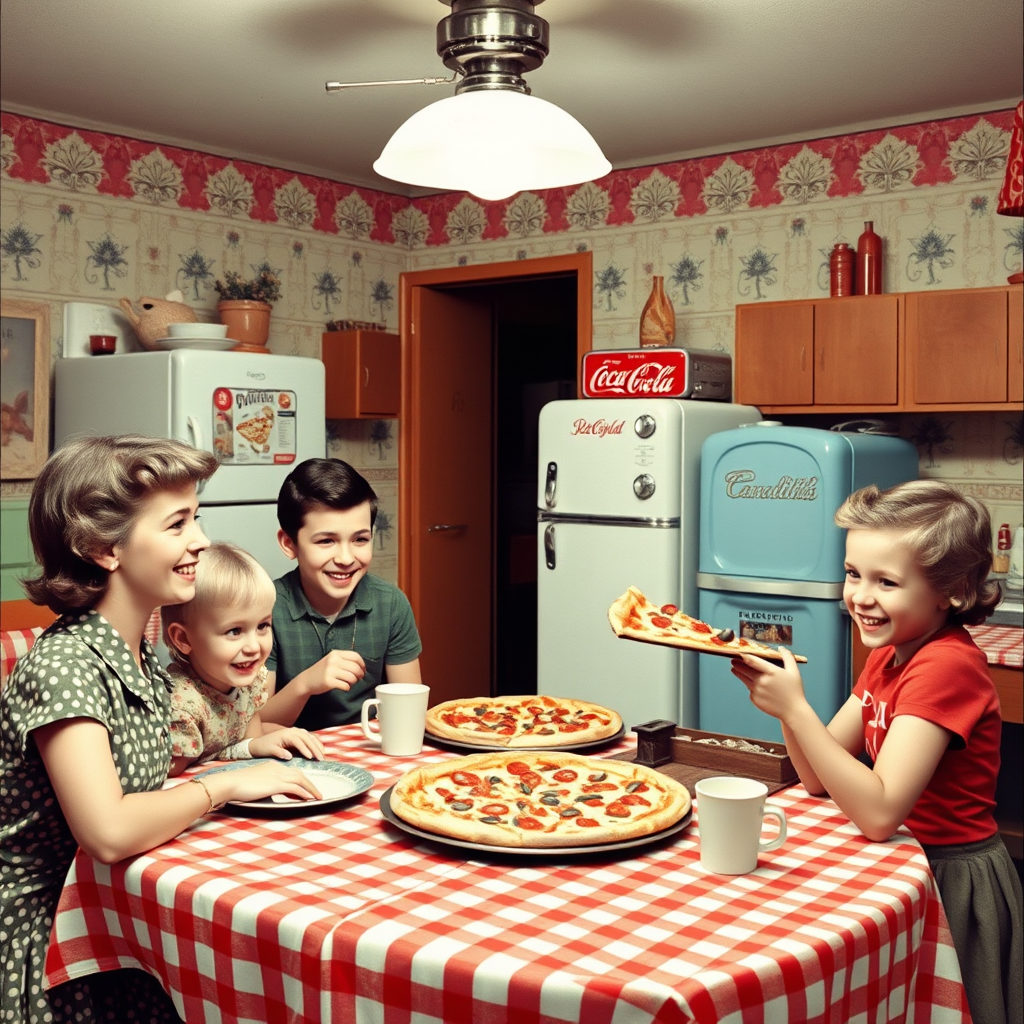 Vintage 1950s Canadian diner scene showing a family enjoying Pizza Pizza delivery at home, with retro kitchen appliances, checkered tablecloth, and classic Canadian home decor