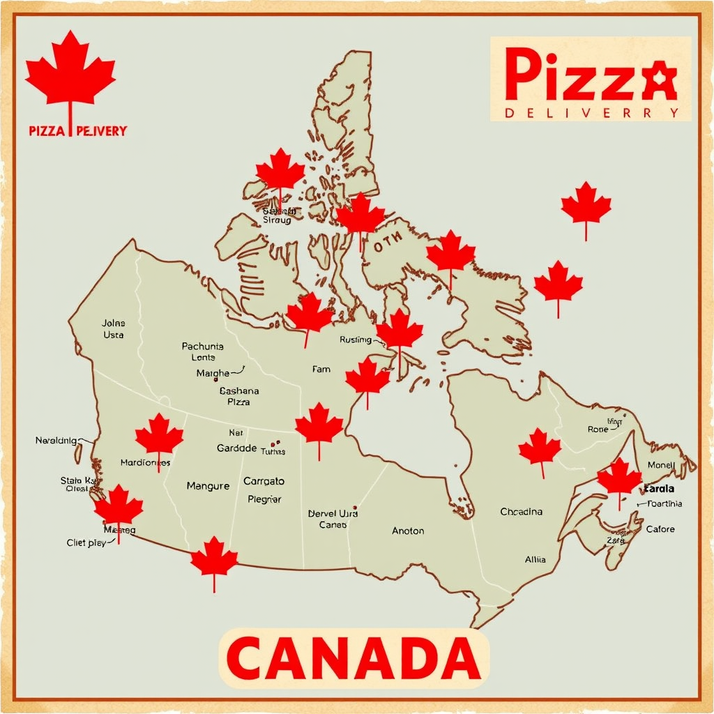 Stylized map of Canada showing pizzapizza delivery coverage areas with vintage 1950s design elements, featuring red maple leaf markers indicating major cities and delivery zones across all provinces
