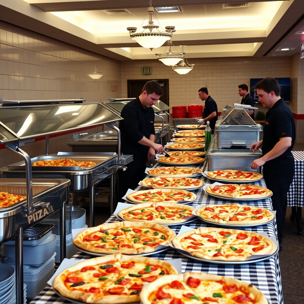 Professional Pizza Pizza catering team setting up a vintage-style buffet with chrome serving stations, checkered tablecloths, and an array of fresh pizzas for a large Canadian corporate event