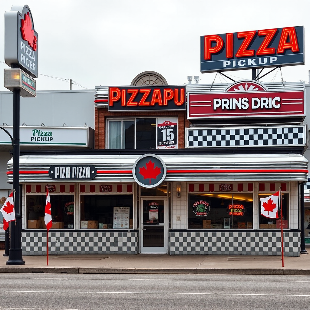 Multiple Pizza Pizza pickup locations across Canada showing retro 1950s diner style storefronts with neon signs, chrome details, and checkered patterns. Canadian maple leaf flags visible outside each location.