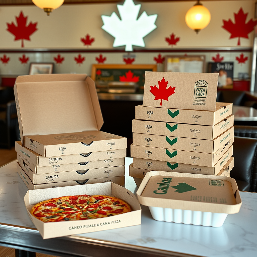 Eco-friendly pizzapizza packaging materials including recyclable pizza boxes and biodegradable containers arranged on a vintage diner counter with Canadian maple leaf decorations