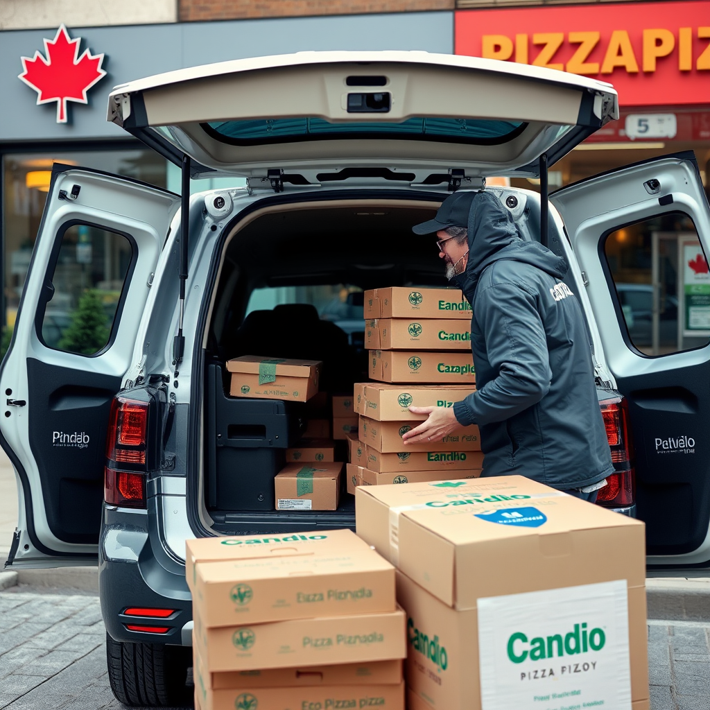 Pizzapizza delivery driver loading eco-friendly pizza boxes into an electric delivery vehicle outside a Canadian pizzapizza location, with maple leaf decorations and sustainable packaging visible
