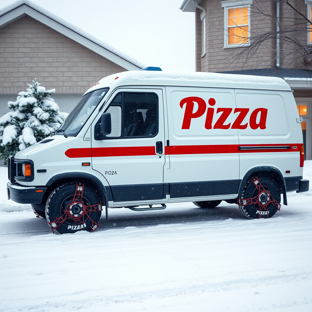 Pizzapizza delivery vehicle equipped with winter tires and snow chains parked outside a Canadian home during heavy snowfall, with the iconic red and white Pizzapizza logo visible on the side