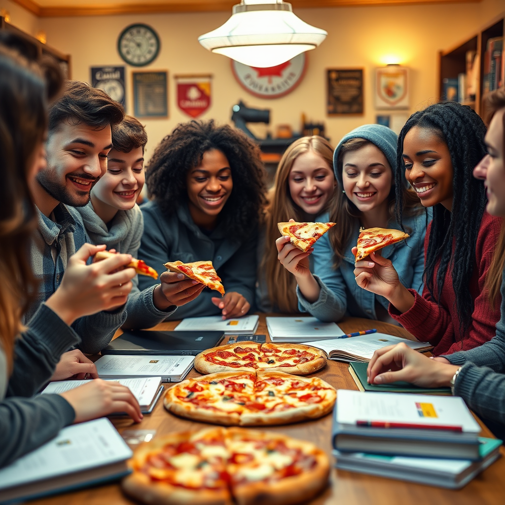 Close-up of diverse group of university students sharing Pizzapizza slices around study table covered with textbooks and laptops, warm indoor lighting, cozy study atmosphere with Canadian university memorabilia visible