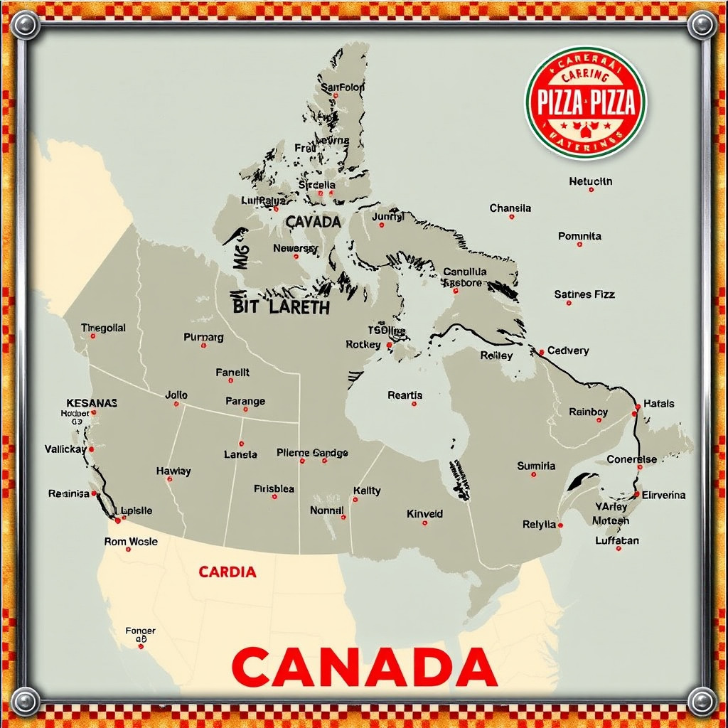 Map of Canada highlighting major cities served by Pizza Pizza catering delivery, featuring vintage 1950s styling with chrome borders and checkered pattern accents showing delivery routes across provinces