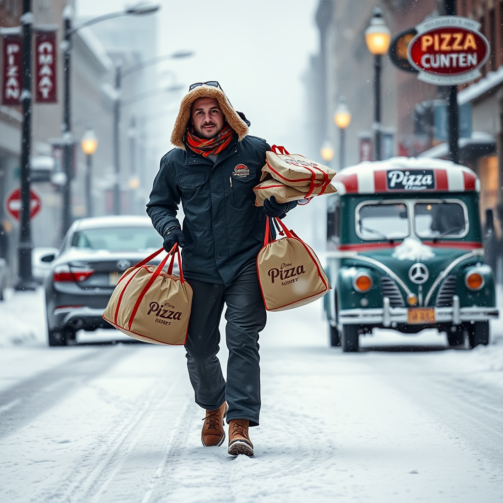 Brave pizzapizza delivery driver in winter gear walking through snowy Canadian street carrying insulated pizza bags during a snowstorm with vintage diner-style delivery vehicle in background