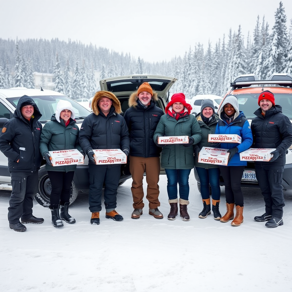 Group photo of Pizzapizza delivery team members in winter gear standing in front of their delivery vehicles after the storm, all smiling and holding pizza boxes, with snow-covered Canadian landscape in background