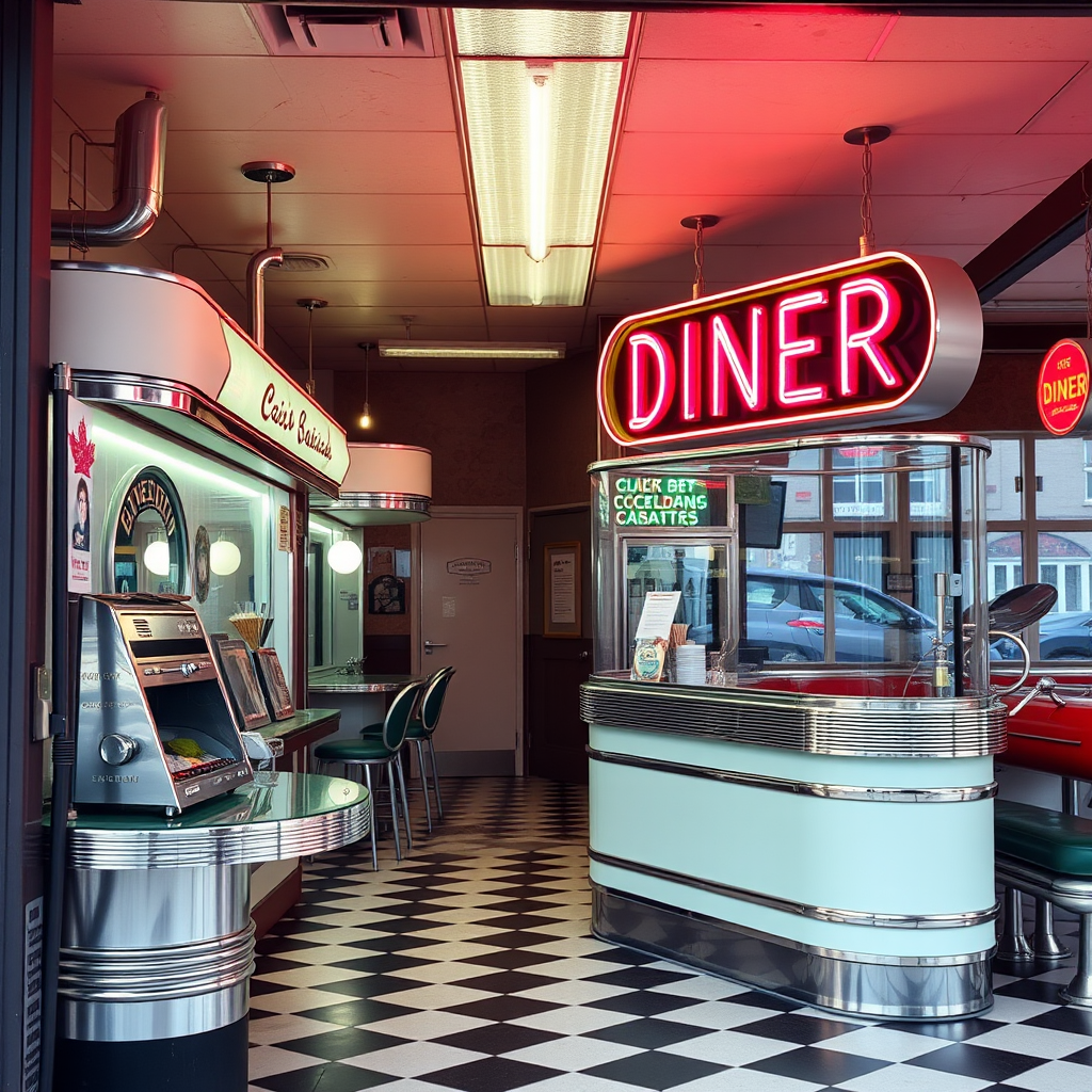 Classic 1950s Canadian diner storefront with vintage pickup counter, chrome fixtures, checkered floor, and retro neon signage
