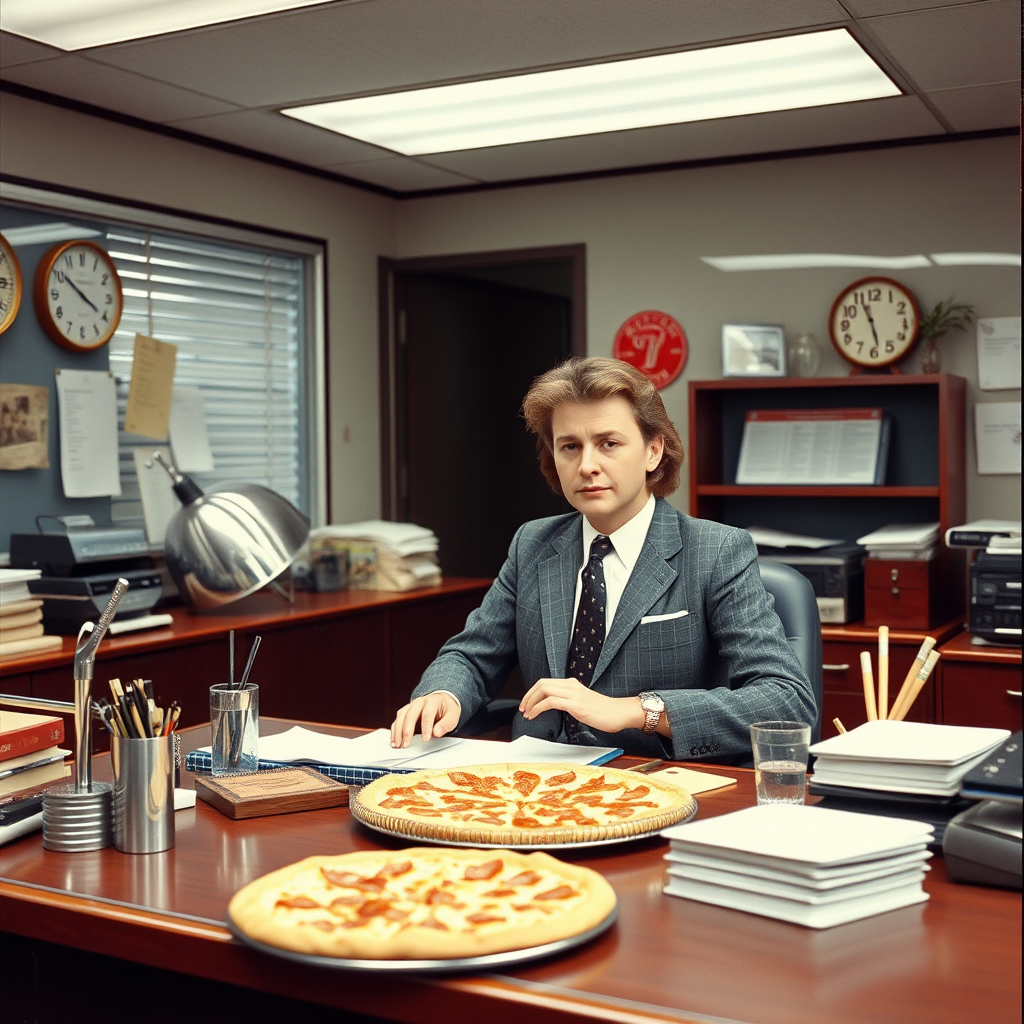 Professional 1950s office setting with vintage Canadian business atmosphere, chrome desk accessories, and retro corporate pizza delivery setup